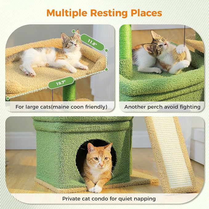 PEQULTI Cat Tree for Small Medium Cats, Green Cat Tower for Indoor Cats | Private cozy cat condo,soft top perch, natural sisal scratching posts & plush pom-pom toy