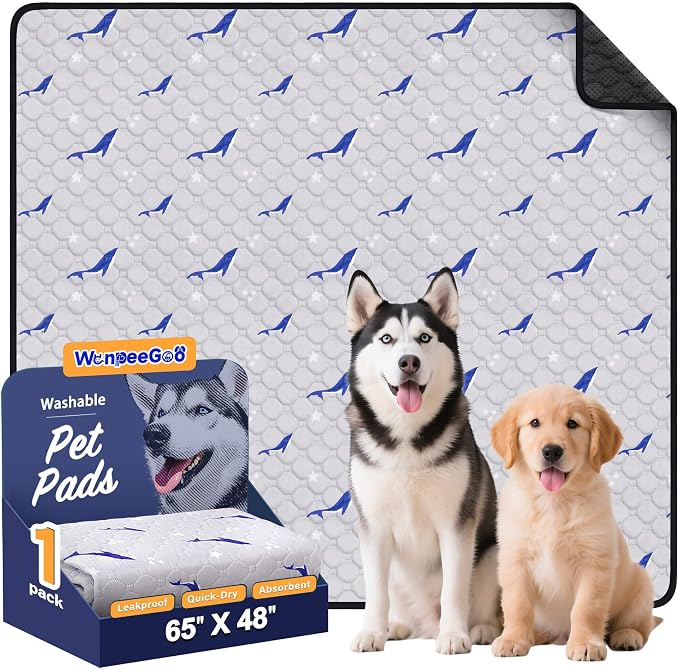 Washable Dog Pee Pads, Non-Slip Waterproof, 65 x 48 in, 1 Pack, Dolphin | Super absorbent, waterproof and non-slip; washable, reusable dog pads for crates, playpens, floors, furniture and travel