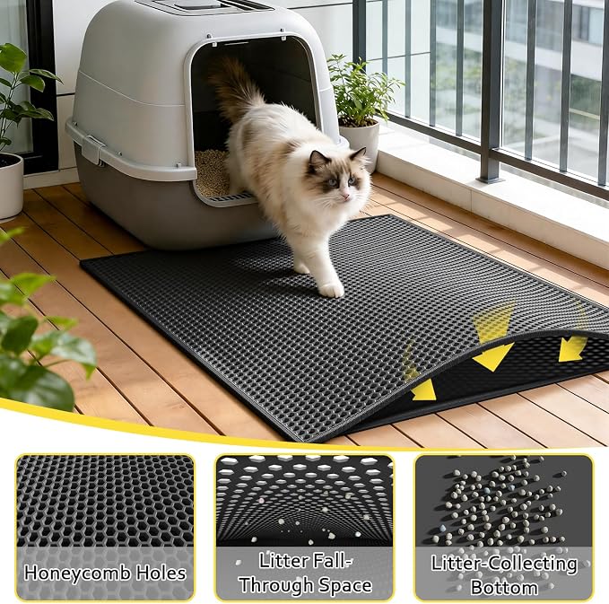 Cat Litter Mat, 30"x24", Waterproof, Easy to Clean (Black-1Pack) | Double-Layer Honeycomb for Effective Litter Trapping, Premium Durable EVA, Non-Slip, Paw-Friendly Soft Surface