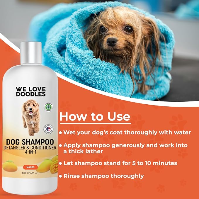 Dog Shampoo, Conditioner & Detangler, Hypoallergenic, Tearless, Mango, 16OZ | For Sensitive Itchy Skin, Hypoallergenic, Tearless, Best Shampoo For Smelly Dogs, Goldendoodle, Poodle & Doodle, Made in USA