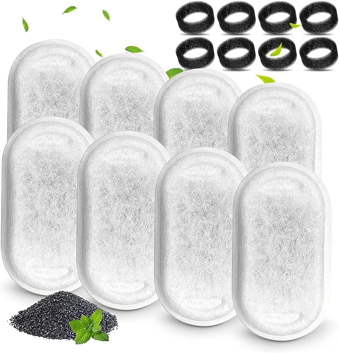 Cat Water Fountain Filters, Compatible with Stainless Steel Pet Fountain 8 Filters with 8 Sponges Replacement Filters for Cat Fountain (8 Filters& 8 Sponges)