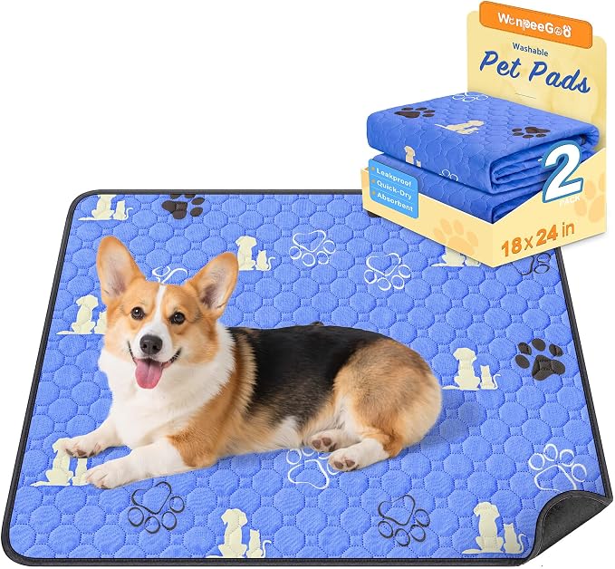 WanpeeGoo Washable Pee Pads for Dogs, Waterproof, 18 x 24 in, 2 Pack, Blue | Super Absorbent, Waterproof and Non-Slip; Washable, Reusable Dog Pads for Crates, Playpens, Floors, Furniture and Travel