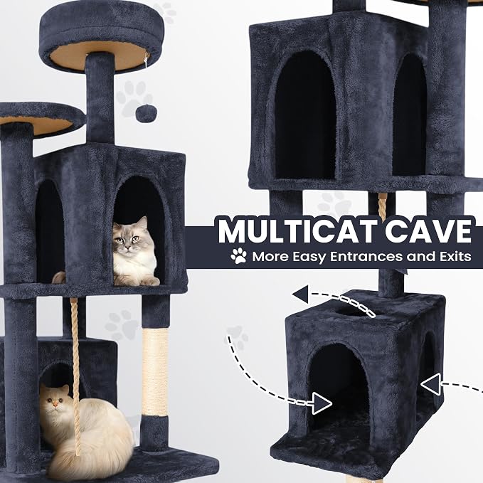 58.5inch Large Cat Tree Tower Condo for Indoor Cats, Soft Plush Multi-Level Climbing Tree Cat House with 2 Cat Cave, Scratching Post, More Entrance/Exit, Sisal Staircase, Light Black