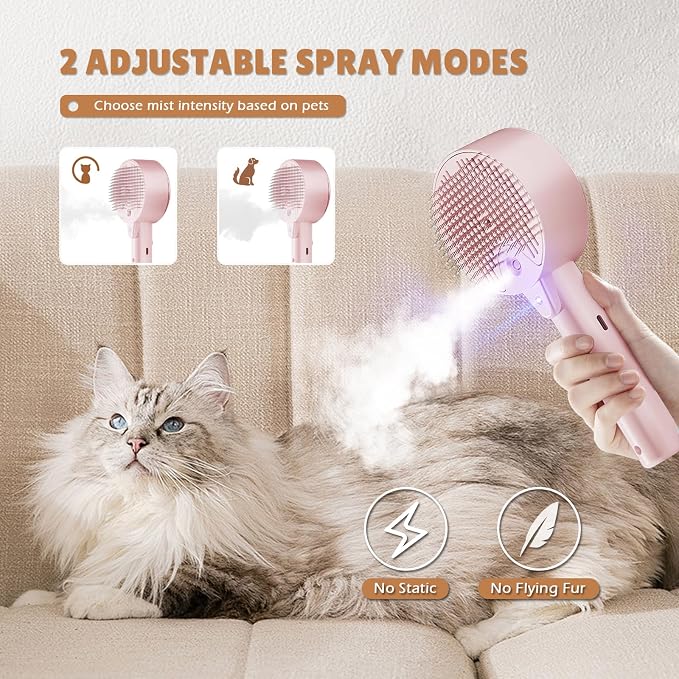 Cat Steam Brush for Indoor Cats, Spray Cat Deshedding Brush for Grooming | Self Cleaning Steam Pet Brushes with Spray, Helps Remove Loose Hair & Undercoat, Grooming Tool for Long & Short Hair Cats