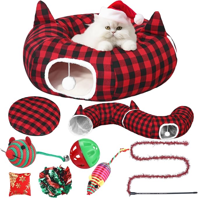 Dansydaisy Cat Tunnel Christmas Tree Skirt, Plaid Buffalo Cat Tunnel Bed with Toys, Hanging Pom Ball Plush Washable Cushion and Dangling Balls 3FT Peekaboo Playground for Small Rabbit Xmas Decor