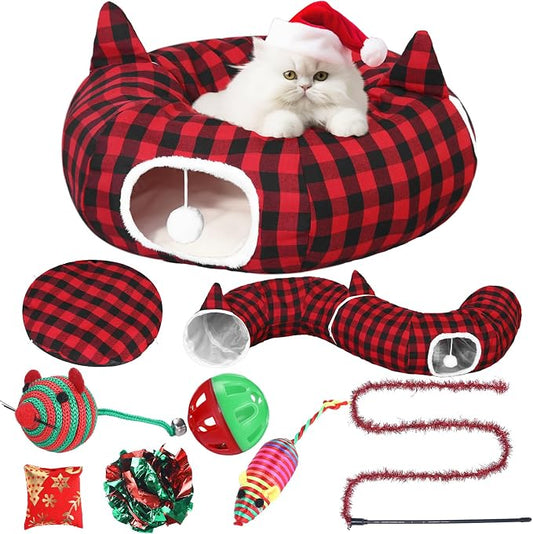 Dansydaisy Cat Tunnel Christmas Tree Skirt, Plaid Buffalo Cat Tunnel Bed with Toys, Hanging Pom Ball Plush Washable Cushion and Dangling Balls 3FT Peekaboo Playground for Small Rabbit Xmas Decor