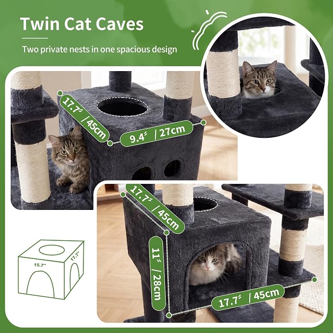 Heybly Floor to Ceiling Cat Tree, 104.7"-116.5" Height-Adjustable HCT92G | Expanded Wide Cat Climbing Tower with Wide Perch, 2 Spacious Cat Condos & 15 Scratching Posts for Indoor Cats, Smoky Gray