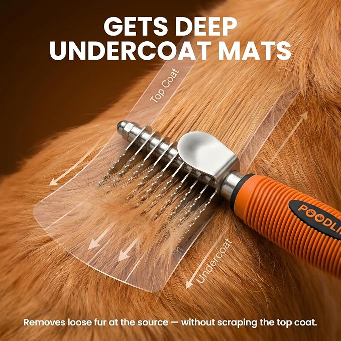 Poodle Dematting Fur Rake Comb Brush for Dogs and Cats - Long 2.5" Steel Safety Blades Metal Comb for Detangling Matted or Knotted Undercoat Hair (Orange)