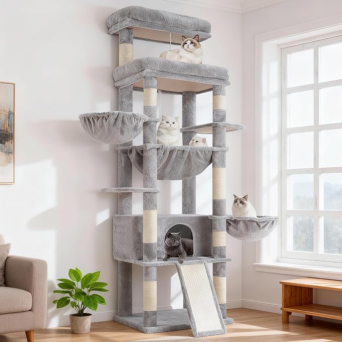 Hey-brother Cat Tree Tower with Extra Large Platform and Basket, MPJ080W | 71.7 Inches Scratching Posts with Specious Condo, 2 Cozy Hammocks, Scratch Board for Indoor Adult Cats, Maine Coon Light Gray