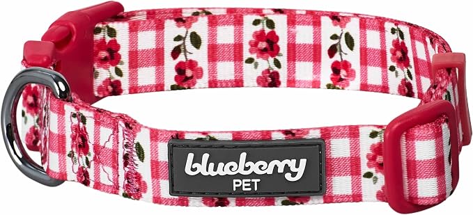 Blueberry Pet Spring Scent Inspired Dainty Flower Dog Collar, Pink Check, Adjustable Dog Collar for Small Dogs, Size Small, Neck 12-16"