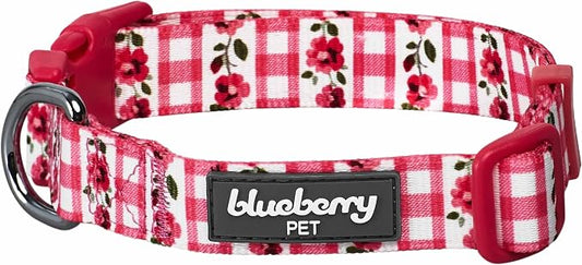 Blueberry Pet Spring Scent Inspired Dainty Flower Dog Collar, Pink Check, Adjustable Dog Collar for Large Dogs, Size Large, Neck 18-26"