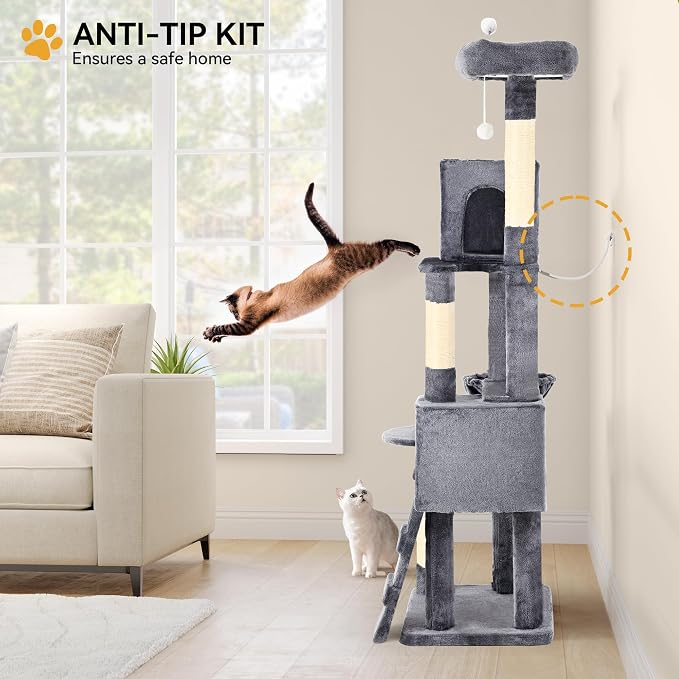YITAHOME 70.8in Cat Tree Tower for Indoor Cats, Multi-Level Cat Furniture with Scratching Posts,Cat Window Padded Plush Perch,Cozy Basket,Ladder and Funny Toys for Kittens Pet Play House,Light Gray