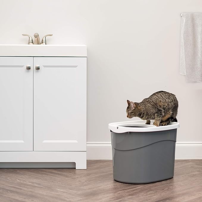 IRIS USA Large Top Entry Cat Litter Box with Lid, Enclosed Covered Cat Litter Box for Indoor Cats, Dog Proof Design, Odor Control, Litter Tracking Reduction, Scoop Included, Gray/White