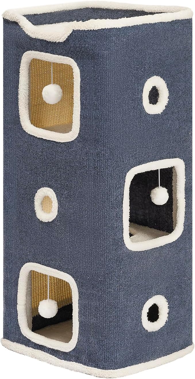 Cat House, Cat Beds for Indoor Cats, 3-Story Cat Condo Cube | Cat Bed Cave with Scratch Pad and Fluffy Ball Hanging, Multi-Level Cozy Hideout Center Ideal for Small/Medium Cats
