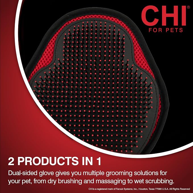 CHI for Dogs Detangling Grooming Glove, Dual-Sided Mitt | For wet or dry use, coated pin tips, removes hair and massages coat, adjustable one-size strap daily