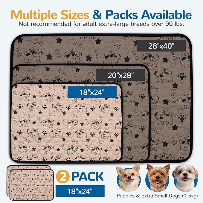BAEJMJK Washable Dog Pee Pads, Reusable Dog Crate Mats Puppy Training Pads, 4-Layer Super Absorbent Waterproof Non-Slip Leak-Proof Ideal for Potty, Crate, Playpen & Travel(18"x24",Coffee 2-Pack)