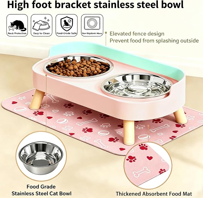 Elevated Dog Bowls with Mat, 2 Stainless Steel for Small Dogs Under 25 Lb | Raised Bowl Stand, Food & Water Set for Cats & Puppies, Splash Proof, Dishwasher Safe, Stain-Resistant Quick-Dry Mat