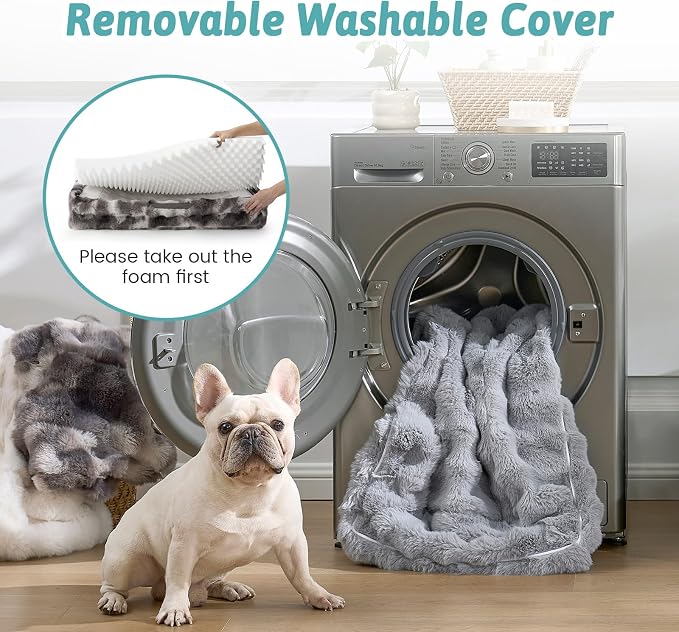 COZY KISS Orthopedic Dog Bed for Large Medium Size Dog, Soft and Warm Faux Fur Sofa for Pet Up to 75 lbs, Foam Bolster Anti-Slip Couch with Washable Removable Cover, L 36x27x6.5 inch, Tie Dye Grey