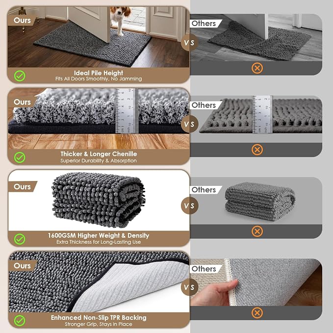 EHEYCIGA Super Absorbent Dog Door Mat for Muddy Paws 24x16 Inch Indoor, Front Doormat Outside Entrance, Quick Dry Chenille Washable Dog Crate Bed, Non-Slip Pet Rug Mud Mat Outdoor Entryway, Dark Grey