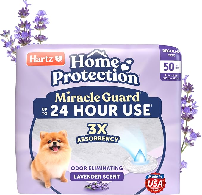 Hartz Miracle Guard Dog and Puppy Dog Pads Max Absorbency 24 Hour Use Odor Eliminating Lavender Scented No Leaks, Regular Size 50 Count