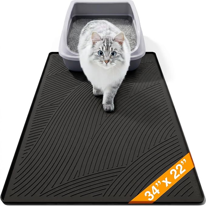 Cat Litter Box Mat - L Large Size 34 x 22 in, Water Proof, Kitty Litter Trapping Mat, Easy to Clean, Scatter Control, Odorless, Pet Supplies for Indoor Cats, Dark Gray
