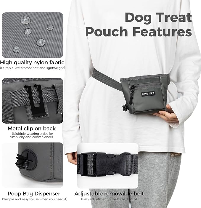 Dog Treat Pouch, Powerful Magnet Closure Device Dog Training Treat Bag Large Capacity Pet Treat Pouch with Poop Bag Dispenser Treat Bag for Dog Training with Metal Waistband Clip (Deep Gray)