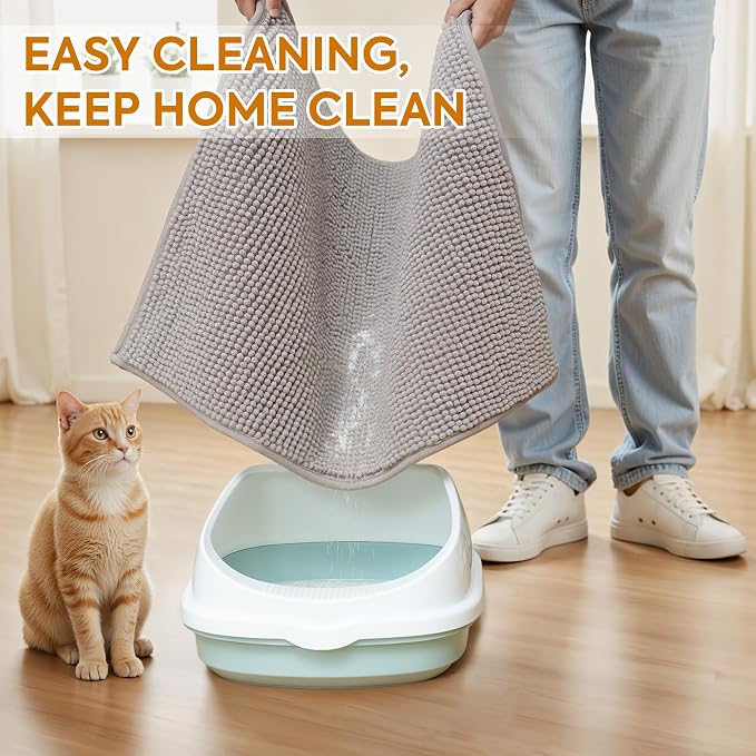 Pieviev Chenille Cat Litter Mat for Litter Box, 28"x22" Soft Ultra Absorbent Mat, Waterproof & Non-Slip, Easy to Clean Litter Trapping Mat for Indoor Cats, Gray (Pack of 2)