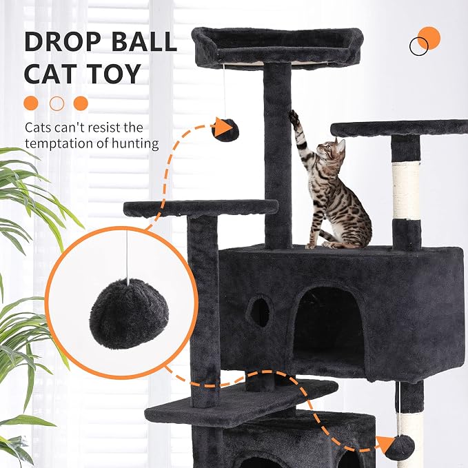 BestPet | 54" Cat Tree Tower | Dark Gray | Sturdy Multi-Level Cat Tree | with Plush Condo, Cozy Perch, Sisal Scratching Posts, Hanging Toy and Hammock | Easy Assembly | for Kittens & Adult Cats