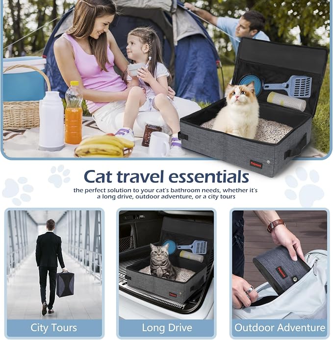 Portable Cat Travel Litter Box. Zipped Lid, Collapsible Litter Box for Cats. No Leakage, No Smell. Easy to Carry. Used for Hotels, Camping, Car (Gray,M)