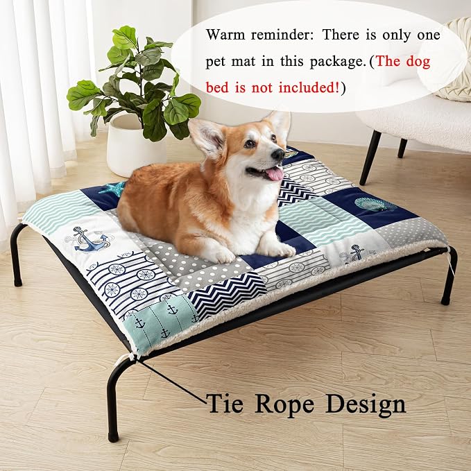 HOSIMA 42L*32W Inch Nautical Print Pet Mat for Under Dog Crate,Plaid Patchwork Ocean Themed Fuzzy Washable Pet Crate Pad,Plush Soft Cozy Pad Suitable for Large Dogs Sleeping.