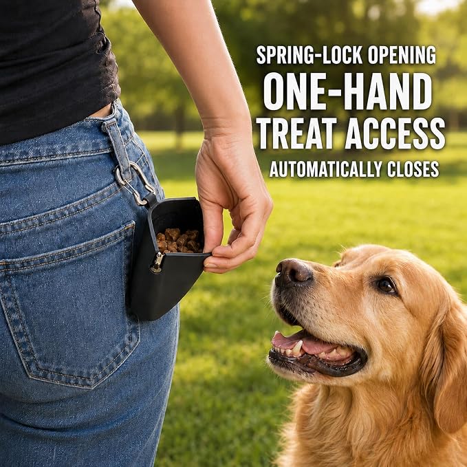 1 Cup Silicone Dog Treat Pouch, Dog Training Treat Bag, Black | One-Hand Use, Auto-Closes, No Spills When Inverted, Carabiner Keeps Pouch Secure, Easy to Clean, Holds Dry or Wet Dog Food