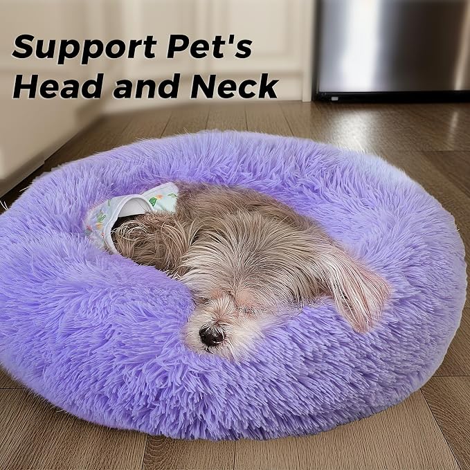 Calming Round Dog Bed & Cat Bed for Indoor Cats, Medium Size Washable Anti-Slip Anti-Anxiety Donut Dog Beds for Small Dogs & Cats, Fluffy Plush Soft Dog Bed(20 Inch, Purple)