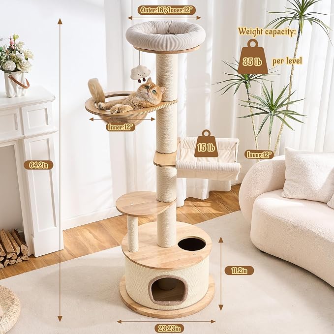 64.2" Solid Wood Cat Tree Tower for Indoor Cats, Multi-Level Modern Cat Furniture with 20" Condo, Interchangeable Hammock & Capsule Bed, Chunky Scratching Posts for Active Cats up to 12 lbs