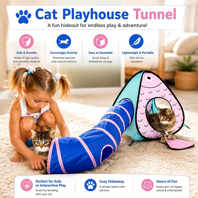 Rypet Cat Toy Tunnel and Cubes Bundle - Interactive Crinkle Collapsible Cat Tube and Foldable Cubes Playground for Kitty, Rabbit, Puppy, Ferret Hiding Hunting and Resting