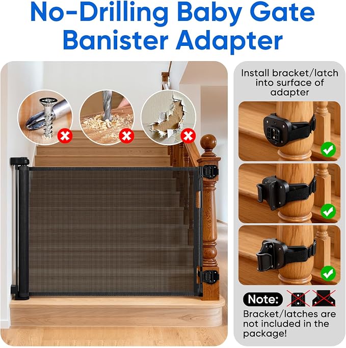 2Pcs Baby Gate Stair Railing Banister Adapter, Mounting Kit for Stairway | Fits 1.9-4.72'' Diameter Universal Banisters, Wide Square/Round Railings No-Drill for Most Gates,Adjustable Fixed Strap,Black