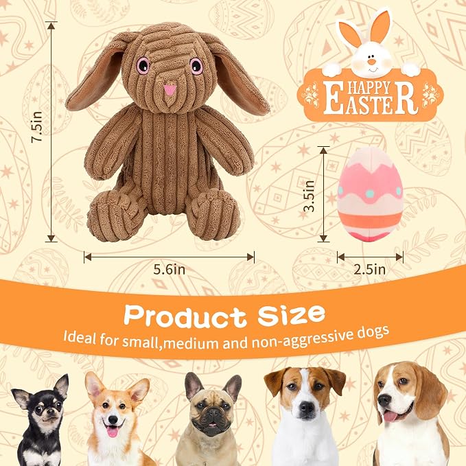 Rypet Stuffed Dog Toys Easter Rabbit Dog Toy, Squeaker Plush Dogs Toy with Crinkle Paper, Interactive Durable Puppy Chew Toy Pet Easter Toy with Egg for Small and Medium Dogs