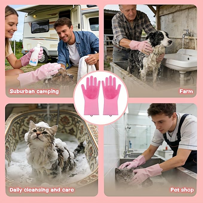 Silicone Dog Grooming Glove for Dogs and Cats, Enhanced Five-Finger Fit, Non-Slip & Extended Cuff, Dual-Sided Pet Bath Brush for Washing, Massage & Deep Cleaning 1 Pair (Pink)