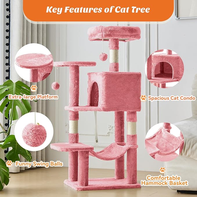 DUMOS Small 44 Inch Cat Tree Tower with Natural Sisal Scratching Posts | Cat Tree with Hammock, Pet Condo for Indoor Cats and Kittens Play, Pink