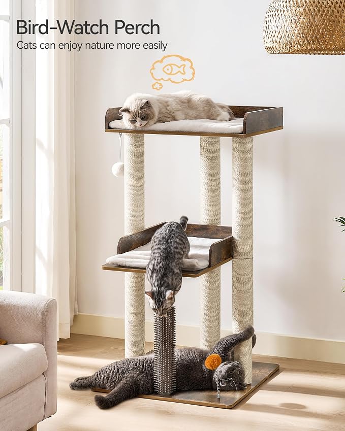 43.7" Cat Tree, Modern Cat Tree Tower, Cat Tower for Indoor Cats Large Adult, Cat Condo with Scratching Post, Large Perch and Removable Pads,Rustic Brown