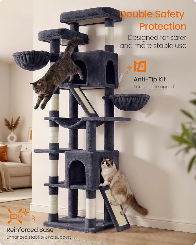 Feandrea Large Cat Tree, 81.1" Tall Sturdy Cat Tower for Indoor, Dark Gray | Sturdy Tall Climbing Tower, Multi-Level Condo for Indoor Cats, Dark Gray, CLAWFY Collection UPCT021G201