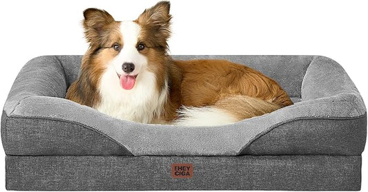 EHEYCIGA Orthopedic Dog Bed for Large Sized Dog, 41x27 Inch Large Memory Foam Dog Couch Bed with Sides, Waterproof Liner & Washable Removable Cover, Bolster Pet Sofa, Grey