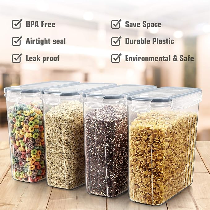 Wildone Cereal Storage Containers Set, Large BPA Free Plastic Airtight Food Storage Containers 4L /135.3oz for Flour, Sugar, 6 Piece Set Cereal Dispensers with 20 Labels & Marker, Grey