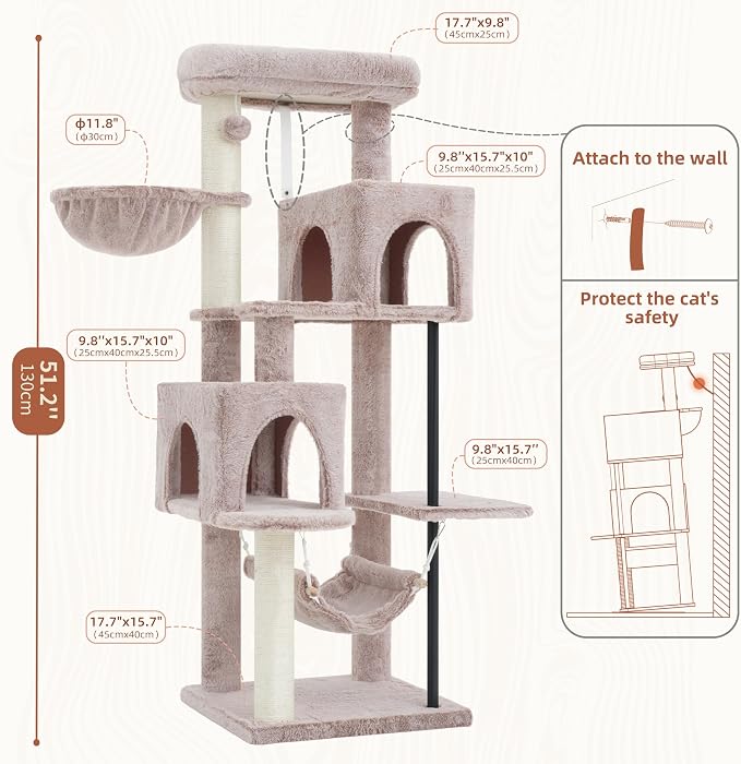 Cat Tree Tower with Sturdy Steel Tube for Indoor Cats GCT014MU | 51.2'' Cat Furniture with Scratching Posts, Hammock, Basket and Padding Top Platform for Inoor Cats Large Adult, Mushroom