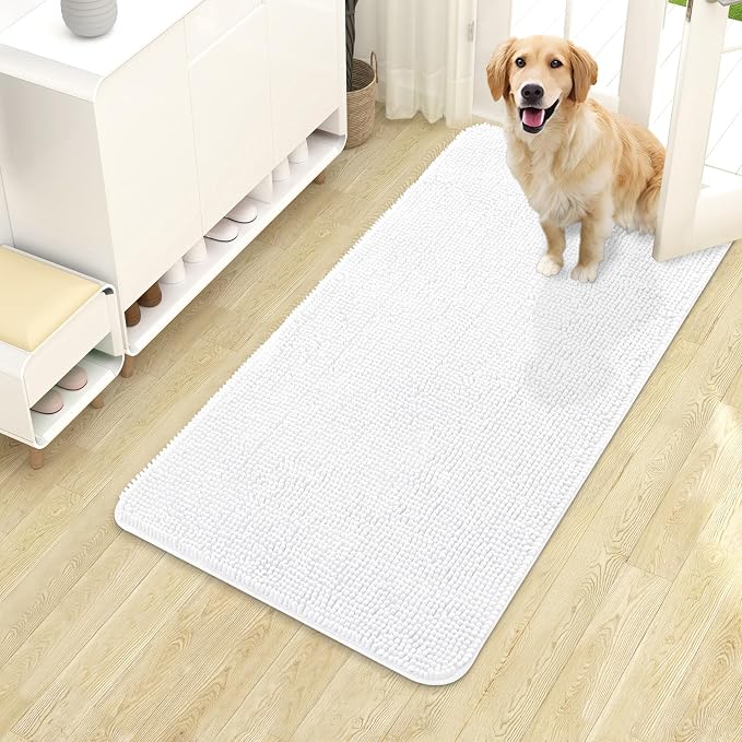 OLANLY Dog Door Mat for Muddy Paws 40x24, Super Absorbent Chenille Mud Mat | White, Absorbs Moisture and Dirt, Non-Slip Machine Washable Doormat, Quick-Drying Indoor Entryway Floor Carpet for Dogs