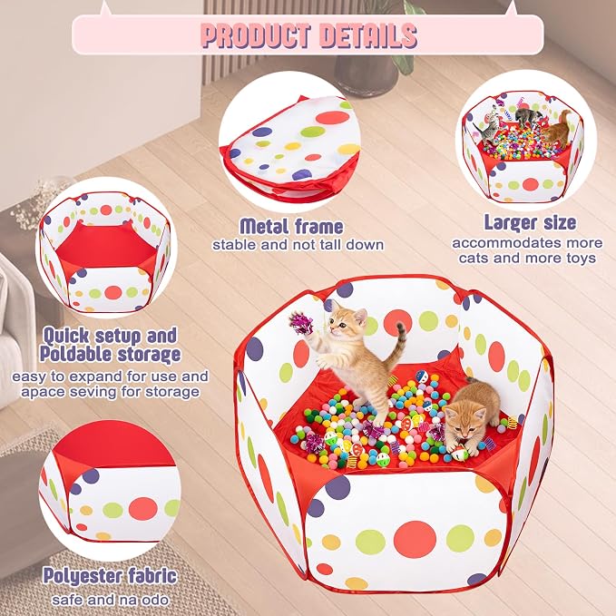 Cat Ball Pit with Balls for Cats, 176 Pcs Interactive Cat Toys for Bored Indoor Cats Self Play Cat Enrichment Toys for Fun and Exercise, Pom Pom Balls Jingle and Crinkle Ball, Springs and Mice toy