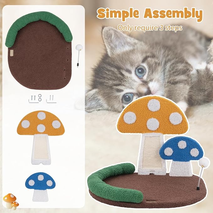 PETSITE Mushroom Cat Tree for Indoor Cats, Modern Small Cute Cat Tree with Natural Sisal Scratching Board, and Teasing Spring Ball (17 Inches Tall)