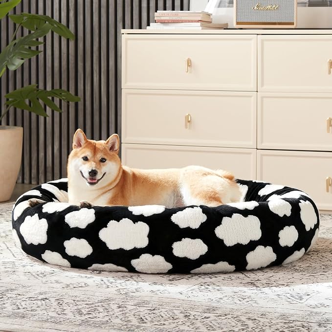 JOEJOY Donut Large Dog Bed, Cute Round Calming Dog Bed with Removable Washable Cover, Orthopedic Pet Beds with Jacquard Shaggy Plush & Non Skid Bottom, Black