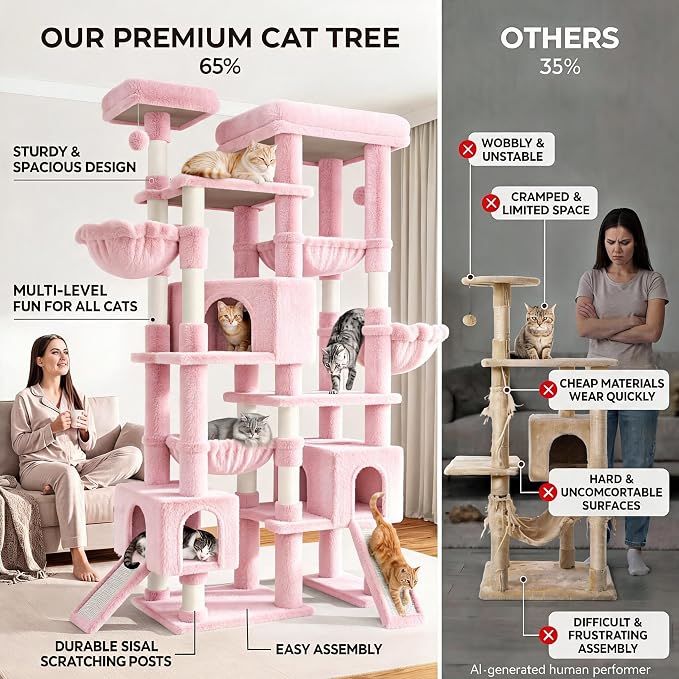 Sha Cerlin 87 in Multi-Level Tall Cat Tree Tower for Large Cats/Extra Wide Feline Activity Center/Sisal Scratching Posts/Wide Base/Cozy Plush Perches/Baskets/Hammocks/Toy Balls/Pink