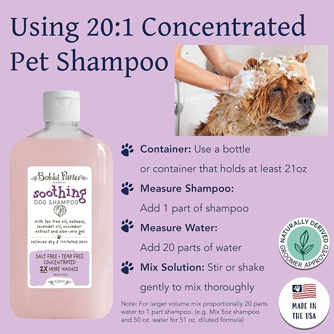 Bobbi Panter Soothing Dog Shampoo Tea Tree, Lavender, Cucumber & Oat Protein – Natural Formula for Sensitive Skin & Irritation Relief, Tear-Free, 30:1 Concentrate, Made in USA, 14 oz