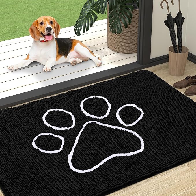 OLANLY Dog Door Mat for Muddy Paws 47x32, Paw Print Design Chenille Mud Mat | Black, Absorbent, Traps Moisture and Dirt, Non-Slip Washable Doormat, Quick-Drying Indoor Entryway Floor Carpet for Dogs